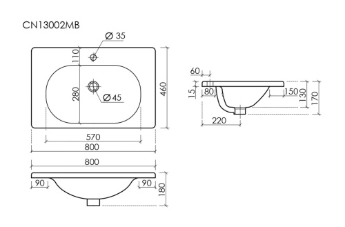 Раковина из сантехнического фарфора Ceramica Nova SABO CN13002MB 80х50 накладная цвет черный 1 отверстие под смеситель - фото 4